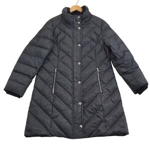 London Fog Womens Down‎ Fill Puffer Coat Winter Quilted Chevron Black Medium